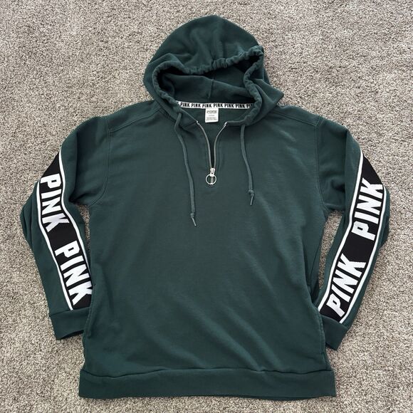 Victoria's Secret Tops - PINK Victoria’s Secret VS Green 1/4 Zip Pullover Hoodie Logo Pockets Size Medium